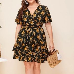 Ruffle Hem Belted Floral Print Dress (2X)